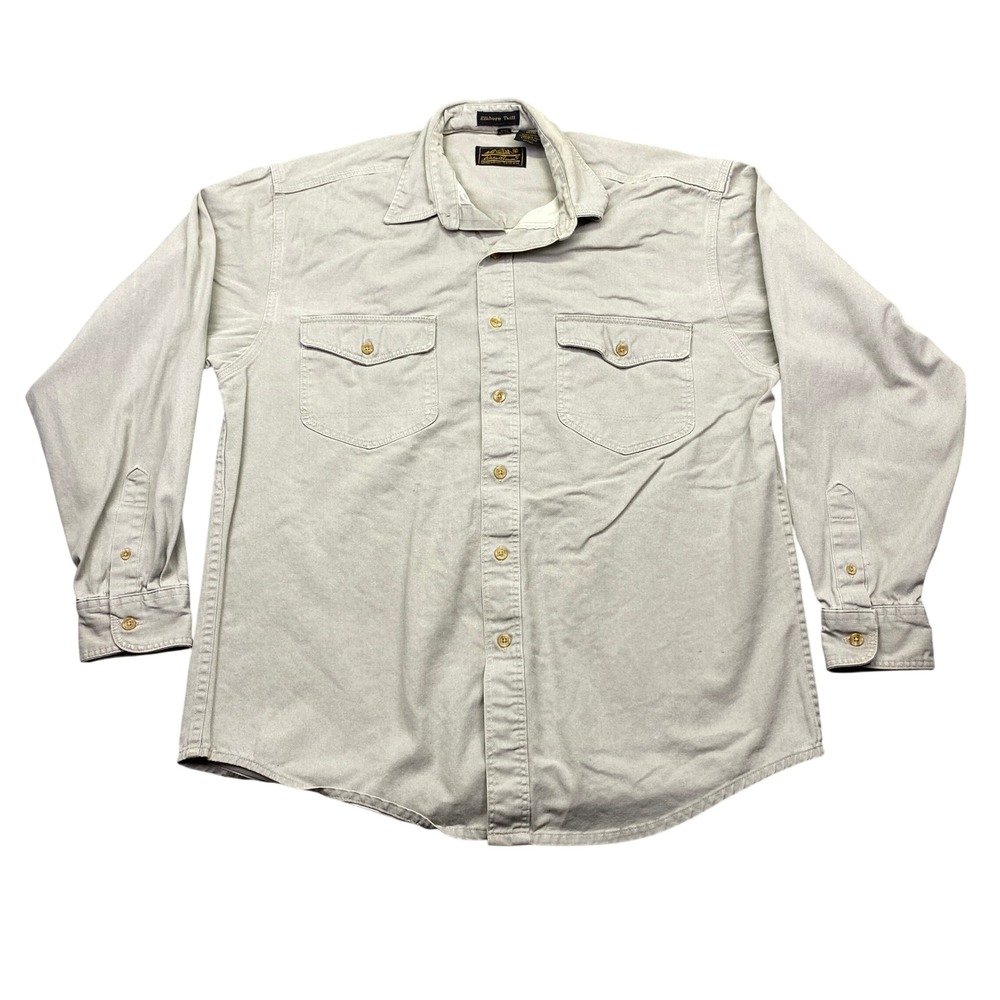VTG Eddie Bauer Elkhorn Twill Shirt Mens Sz L Tan Khaki Long Sleeve Workwear USA